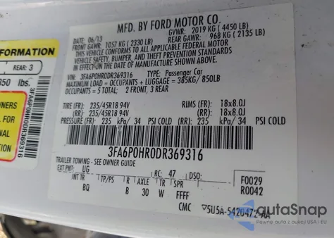 2013 Ford Fusion Se from USA, damaged, VIN 3FA6P0HR0DR369316